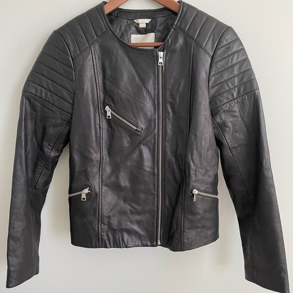 SOIA & KYO Women's Lambskin Leather Moto Jacket Biker Black Asymmetrical Medium